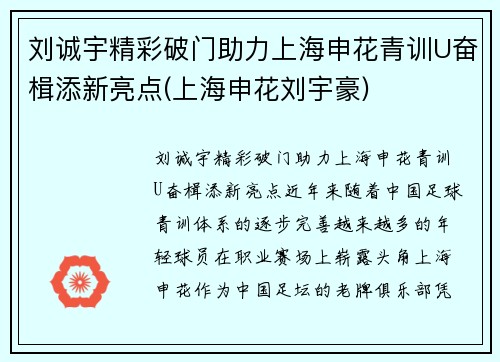 刘诚宇精彩破门助力上海申花青训U奋楫添新亮点(上海申花刘宇豪)