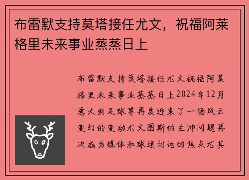 布雷默支持莫塔接任尤文，祝福阿莱格里未来事业蒸蒸日上